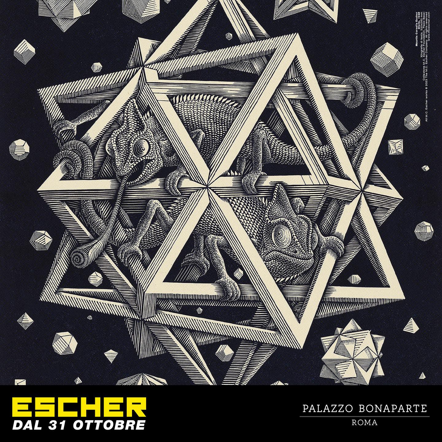 locandina Escher -Palazzo Bonaparte- Mostra Escher- Art Club - Associazione culturale - Visite guidate a Roma - Visite nel Lazio - Esperienze di Arte - Gennaio - 2024